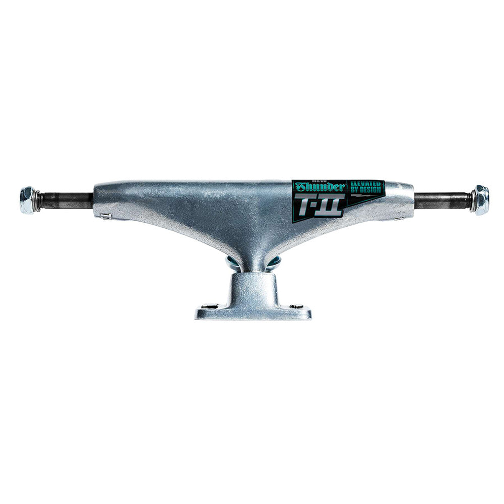 The THUNDER TRUCKS T-II POLISHED 147 (SET OF TWO) by THUNDER features a polished finish, black axles and bolts, plus "Thunder" and "Titanium Lights" logos on the hanger.