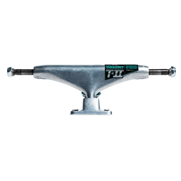 The THUNDER TRUCKS T-II POLISHED 147 (SET OF TWO) by THUNDER features a polished finish, black axles and bolts, plus "Thunder" and "Titanium Lights" logos on the hanger.