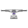 A polished silver THUNDER TRUCKS INVERTED EDITIONS 147 POLISHED (SET OF TWO) skateboard truck with purple detailing viewed from the front.