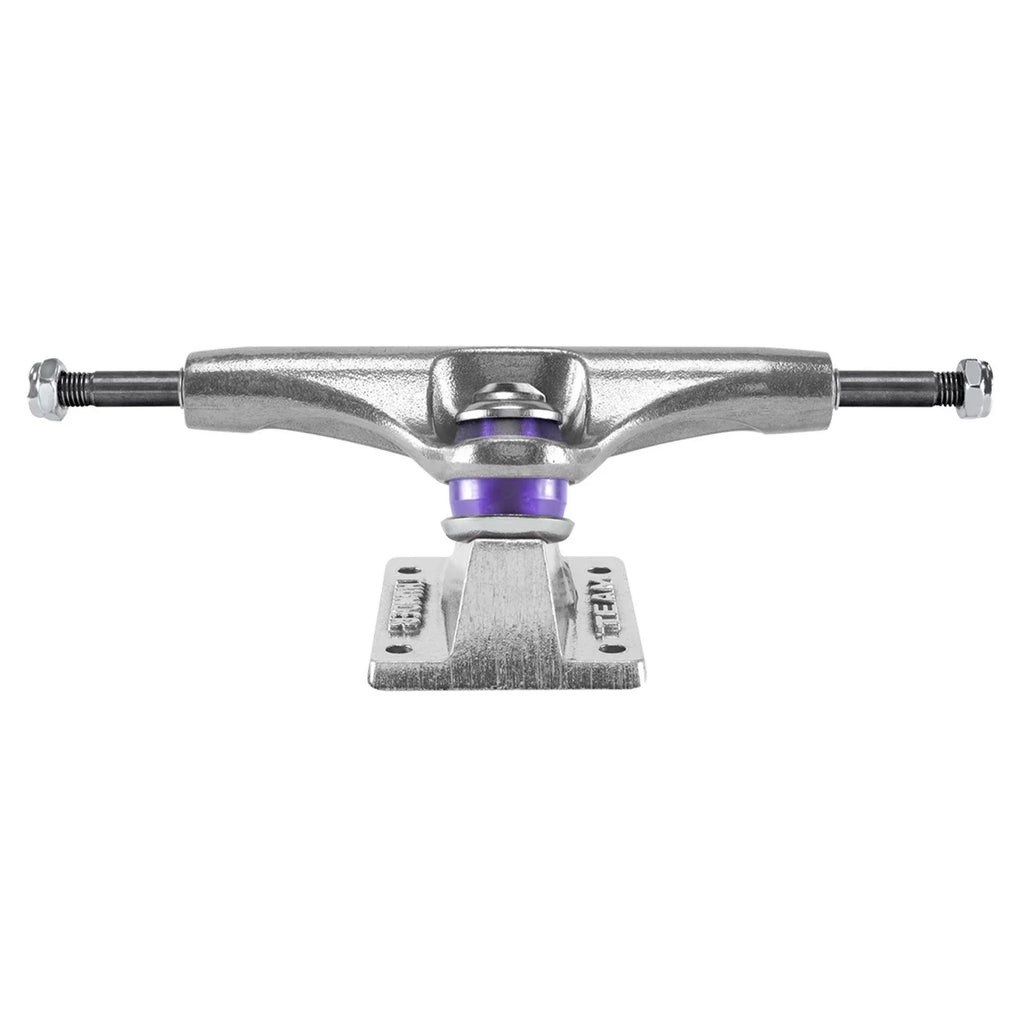 A polished silver THUNDER TRUCKS INVERTED EDITIONS 147 POLISHED (SET OF TWO) skateboard truck with purple detailing viewed from the front.