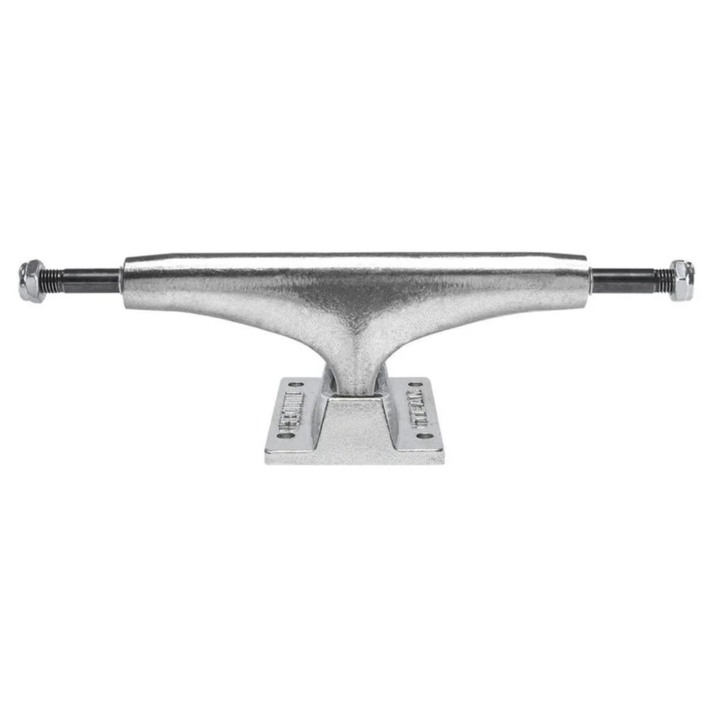 A set of THUNDER TRUCKS INVERTED EDITIONS 147 POLISHED (SET OF TWO), featuring a sleek silver design with visible screws on both ends, perfect for mounting to your skateboard deck by THUNDER.