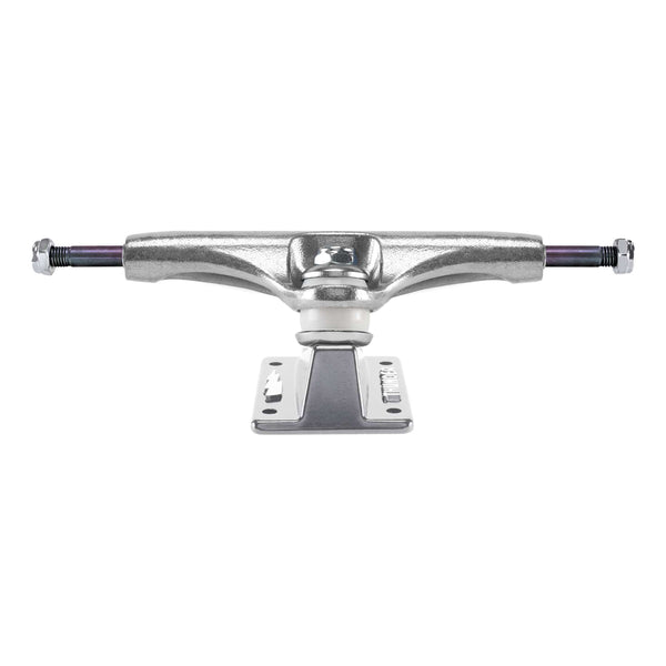 Close-up of a THUNDER TRUCKS TITANIUM LIGHTS "3" 148 POLISHED skateboard truck in silver, viewed from the front, featuring its axle, hanger, and forged baseplate.