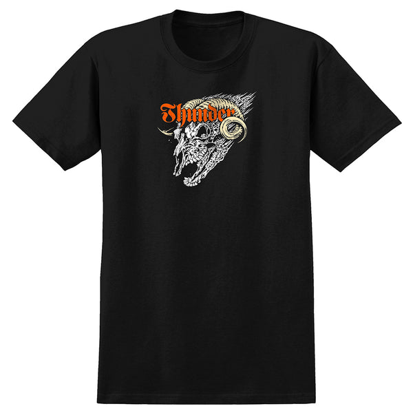 The DELUXE THUNDER SCREAMING SHADOWHORN TEE BLACK is a 100% cotton t-shirt featuring a white ram skull with curled horns and bold orange "Thunder" text above.