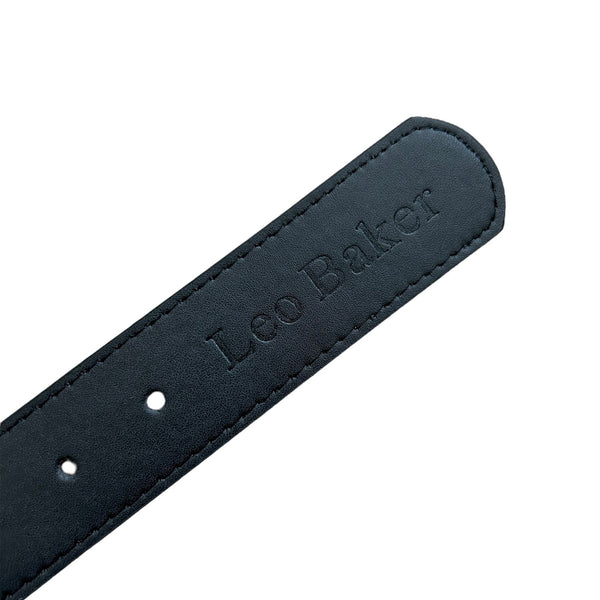 A LOOSEY black leather belt with the word Leo Baker on it.