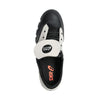 Top view of a black and white ASICS skateboarding shoes with a velcro strap and visible brand logo on the tongue.
