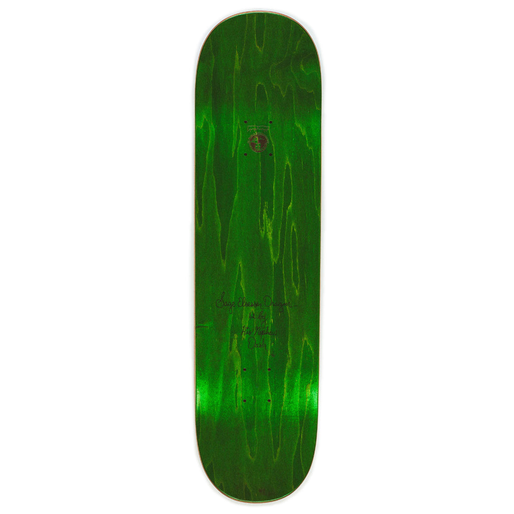 A green FUCKING AWESOME SAGE DRAGON skateboard with a Shape #1 on a white background.