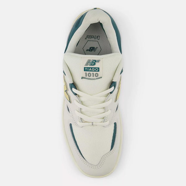 A pair of new NB NUMERIC 1010 Tiago White / New Spruce sneakers viewed from above, featuring FuelCell foam.