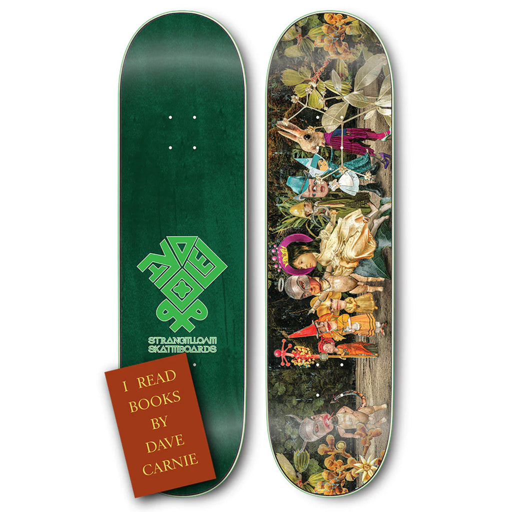 A green skateboard with an image of a book and a dog designed by Todd Bratrud for STRANGELOVE's STRANGE LOVE FINNEGANS WAKE.