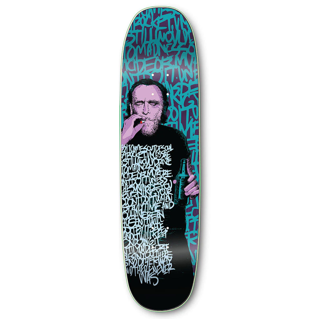 A STRANGELOVE skateboard with an image of a man smoking a cigarette, designed by Dave Carnie.