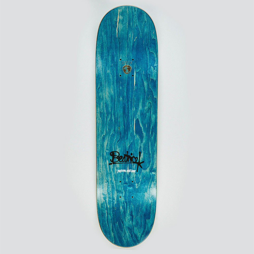 A blue wood grain skateboard deck from FUCKING AWESOME, featuring the "Bedrock" logo and "picture frame" text in black—a classic style inspired by the SICKID BEATRICE CLASS PHOTO series.