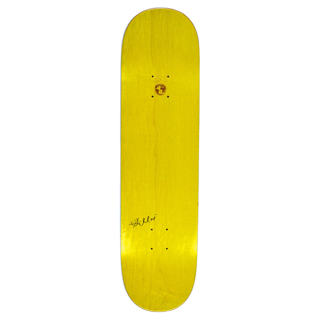 A yellow skateboard with the FUCKING AWESOME CHLOË SEVIGNY CLASS PHOTO design on a white background.