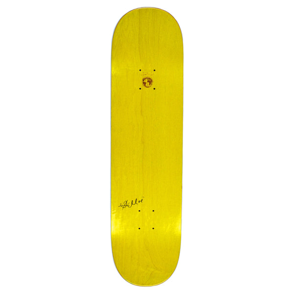 A yellow skateboard with the FUCKING AWESOME CHLOË SEVIGNY CLASS PHOTO design on a white background.