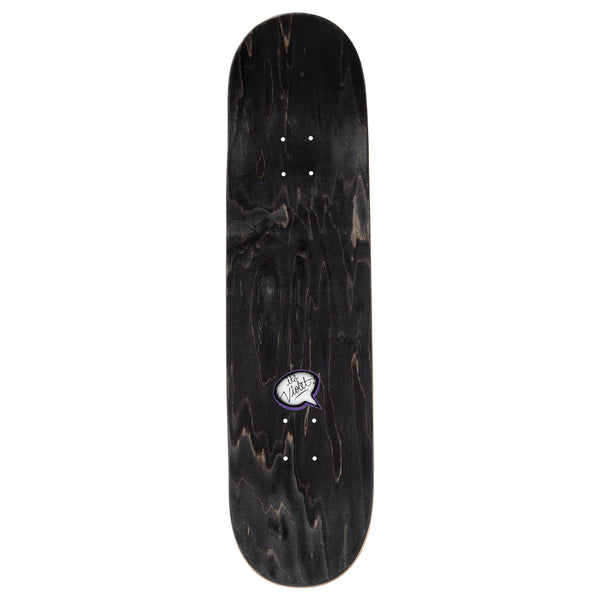 A black skateboard deck with a marbled pattern and a small VIOLET “ODE TO KIM" INSET PINK logo sticker in the center.