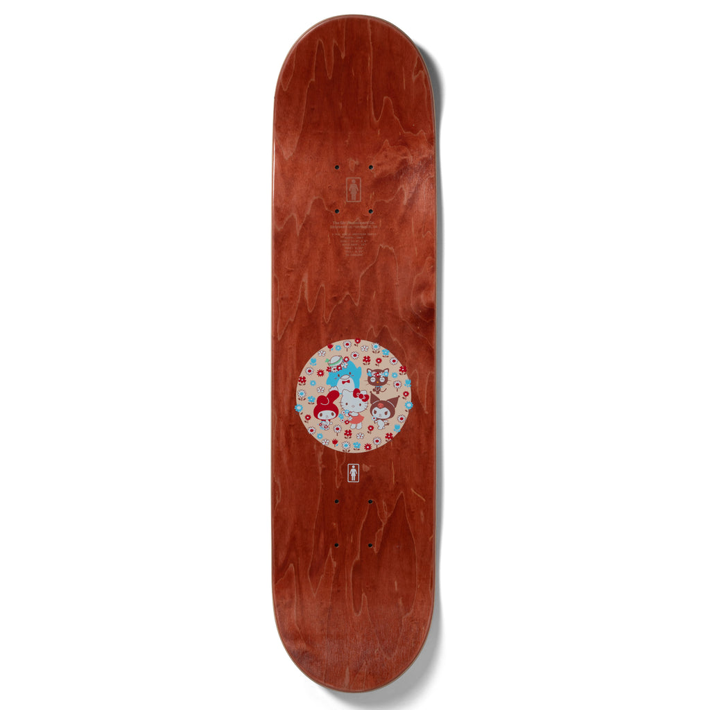 A skateboard with a red and white design featuring the GIRL GEERING HELLO KITTY AND FRIENDS graphics, by GIRL.
