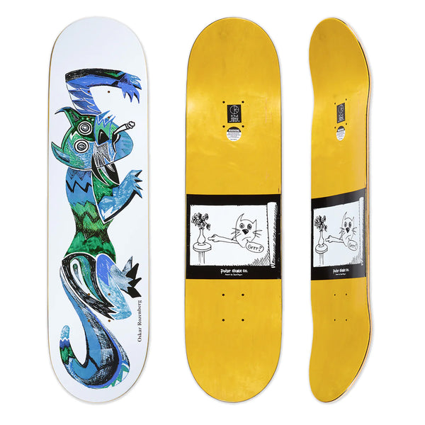 A yellow POLAR skateboard with a drawing of a tiger by Sirus F Gahan.