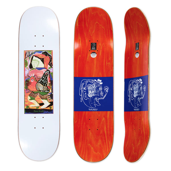 A skateboard with an vibrant orange and blue design, inspired by Polar Dane Brady Pigeons White.