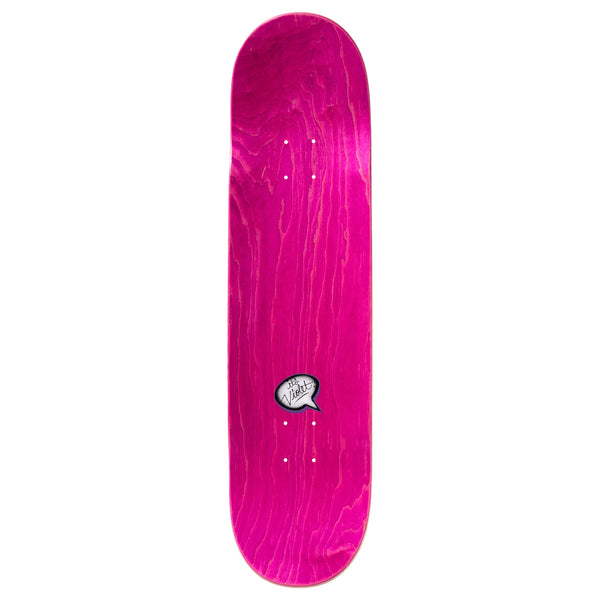 A vibrant VIOLET “ODE TO KIM" INSET PURPLE skateboard deck with a purple and black split woodgrain texture and a small, central, oval logo sticker from the brand violet.