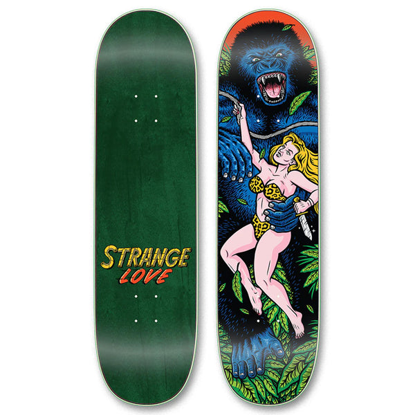 A STRANGELOVE APE skateboard deck featuring an illustrated design of a gorilla and a woman in a jungle setting with the text "STRANGE LOVE" at the bottom.
