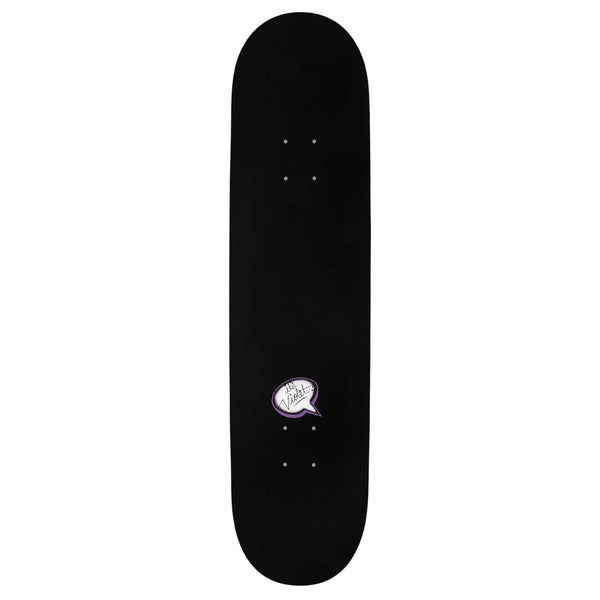 Black skateboard deck with a small white and purple violet graphic near the center.