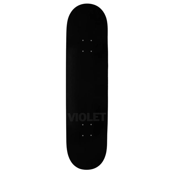 A plain black skateboard deck with the word "OXFORD RED" printed in white across the lower center, part of the VIOLET ZEBRA skateboard series.
