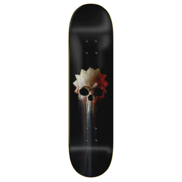 Black ZERO skateboard deck featuring a stylized graphic of a skull with a crown at the center, enhanced by ZERO Springfield Horror Summers skateboard art.