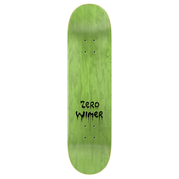 A green skateboard deck with the phrase "ZERO SPRINGFIELD HORROR WIMER" in black script at the center.
