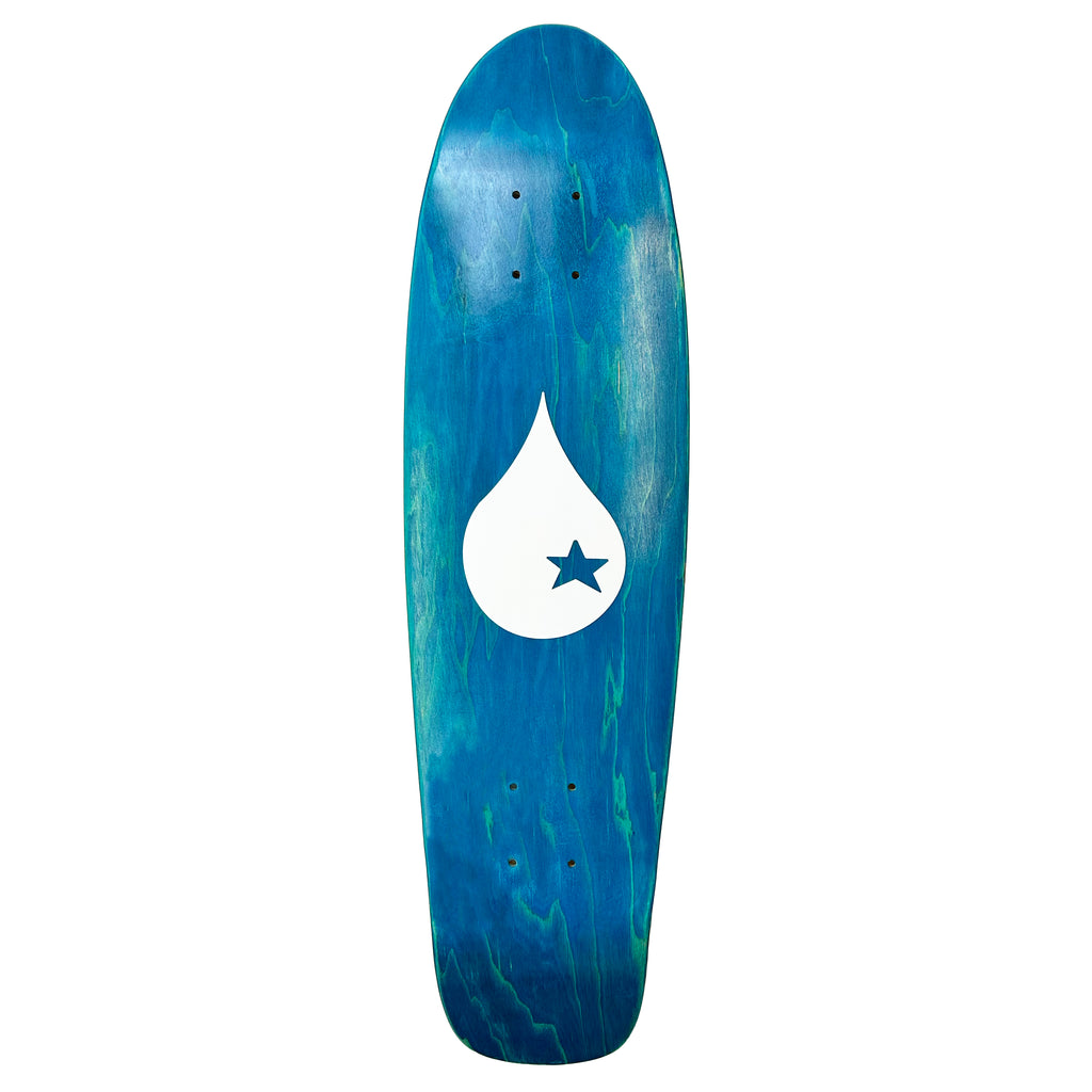 A blue TORO Y MOI X BLUETILE "SANDHILLS" CRUISER DECK skateboard with a star on it, perfect for fans of TORO Y MOI and BLUETILE.