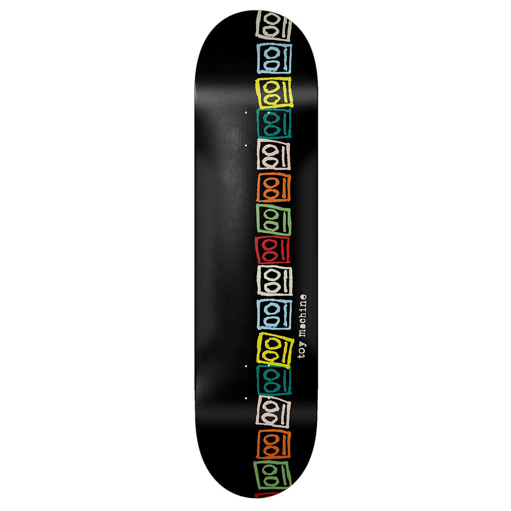 The black TOY MACHINE BOTS skateboard deck, 8.50" wide, features colorful outlined cube designs in two vertical rows down the center.