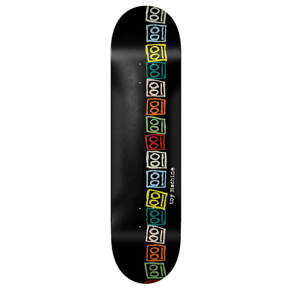 The black TOY MACHINE BOTS skateboard deck, 8.50" wide, features colorful outlined cube designs in two vertical rows down the center.