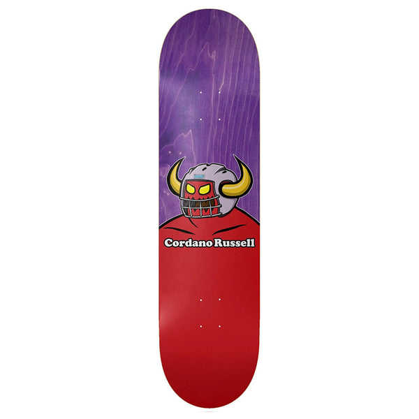 The TOY MACHINE CORDANO RUSSELL HOLY SPIRIT skateboard deck by Toy Machine features a purple and red design with a cartoon character in a horned helmet and the text "Cordano Russell.