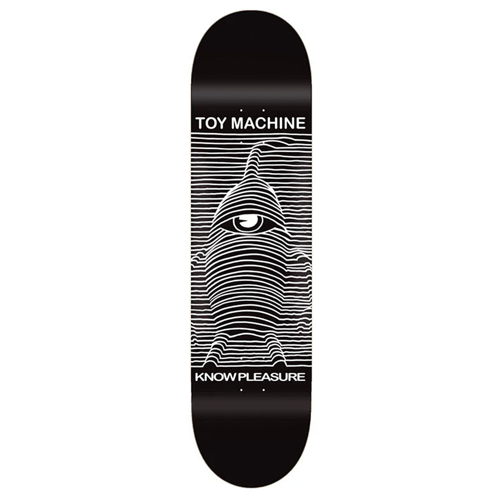 The TOY MACHINE TOY DIVISION deck is an 8.00" black skateboard with white wavy lines forming a cyclops character, "TOY MACHINE" at the top, and "KNOW PLEASURE" at the bottom.