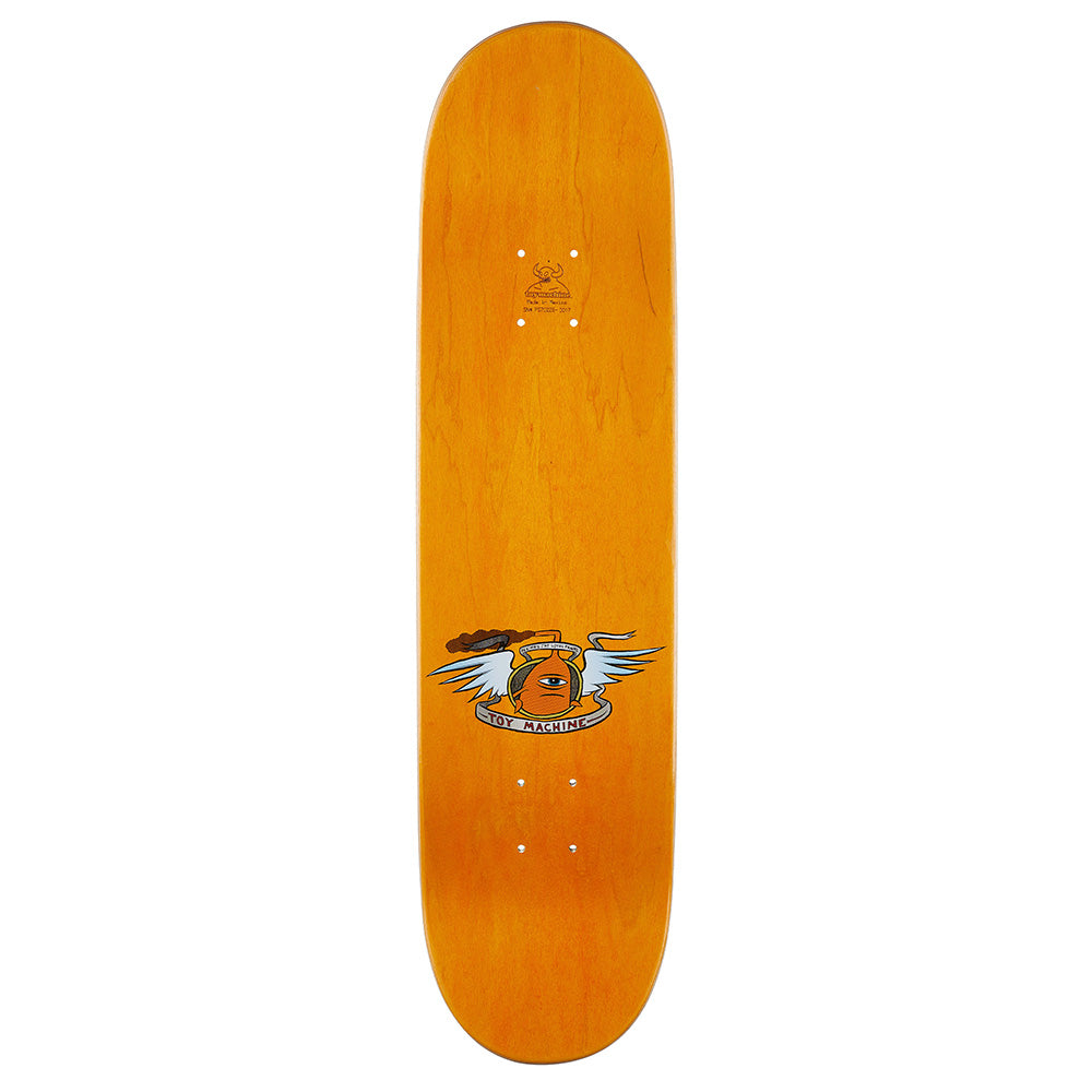 The TOY MACHINE TOY DIVISION skateboard deck by TOY MACHINE features an 8.00" wooden surface with visible wood grain and a small winged jar graphic labeled "HOT SAUCE" near the bottom center.