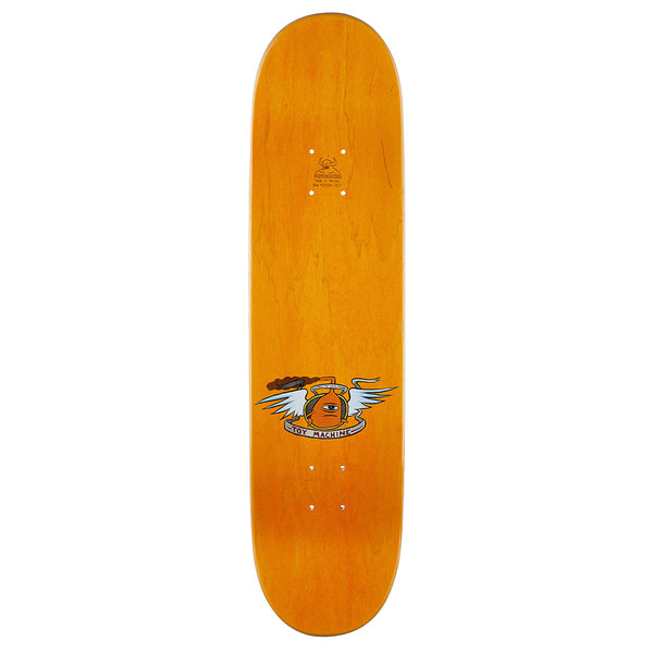 The TOY MACHINE TOY DIVISION skateboard deck by TOY MACHINE features an 8.00" wooden surface with visible wood grain and a small winged jar graphic labeled "HOT SAUCE" near the bottom center.