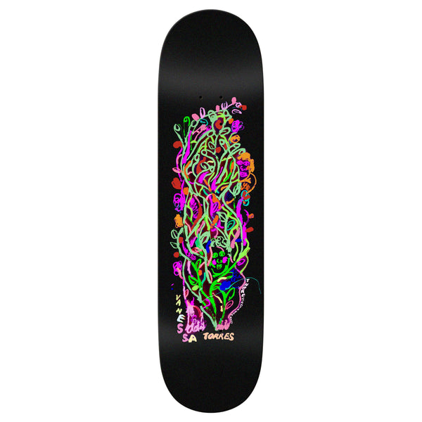 The THERE VANESSA TORRES GUEST SSD25 BLACK skateboard deck features a black background with vibrant neon abstract art depicting intertwined organic shapes, perfect for enthusiasts. Available exclusively at Guest Skateshop, home to pro skater Vanessa Torres.