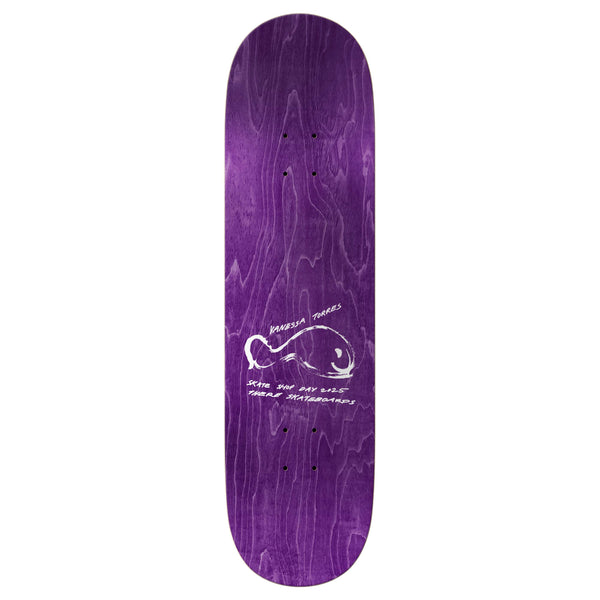 The THERE Vanessa Torres Guest SSD25 White skateboard deck, showcasing a white fish design and obscure text in the center, is now available at Guest Skateshop.