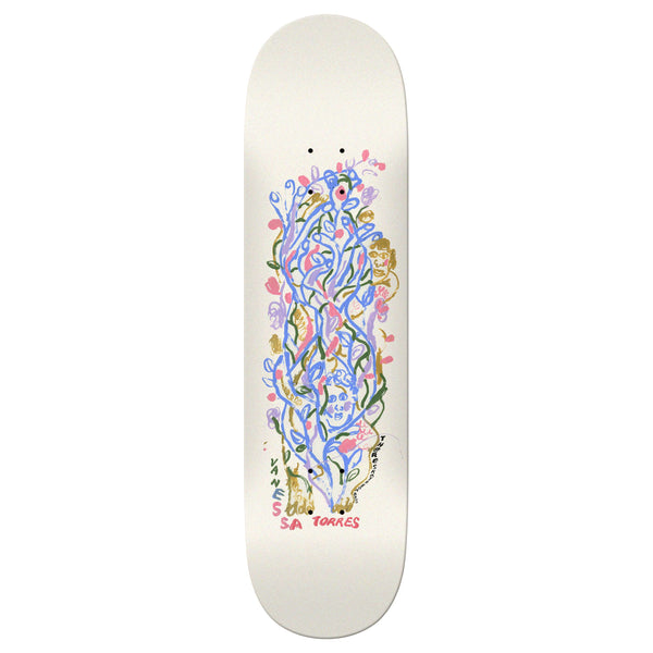 The THERE VANESSA TORRES GUEST SSD25 WHITE skateboard deck showcases a vibrant, abstract floral design with "S. Torres" inscribed at the bottom, available exclusively at Guest Skateshop.