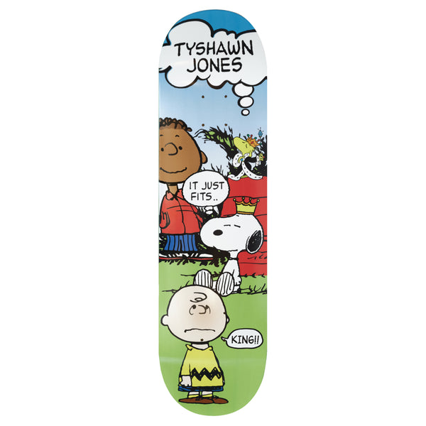 A King skateboard deck featuring illustrations of Peanuts characters Charlie Brown, Snoopy, and Franklin, with the text "It just fits." and "King Zach Saraceno Bros8.