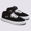 A pair of VANS SKATE HALF CAB BLACK / WHITE sneakers from VANS, featuring white laces, stitching, and soles, are positioned side by side on a light gray background.