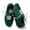 A pair of VANS X ATIBA SKATE CURREN CAPLES EMERALD green skate shoes with white laces and POPCUSH insoles by VANS, shown on a white background.