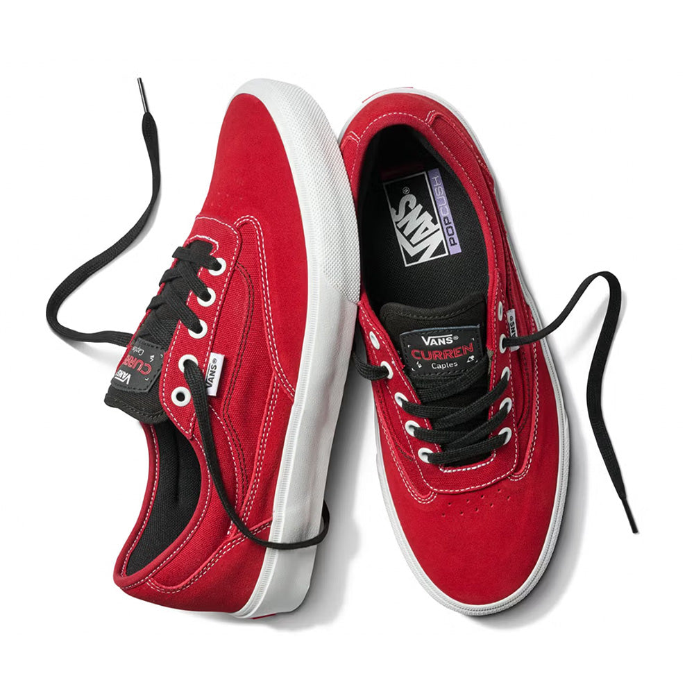 The VANS SKATE CURREN CAPLES RED / WHITE sneakers feature black laces, DURACAP reinforcement, white soles, and POPCUSH insoles, shown on a white background.