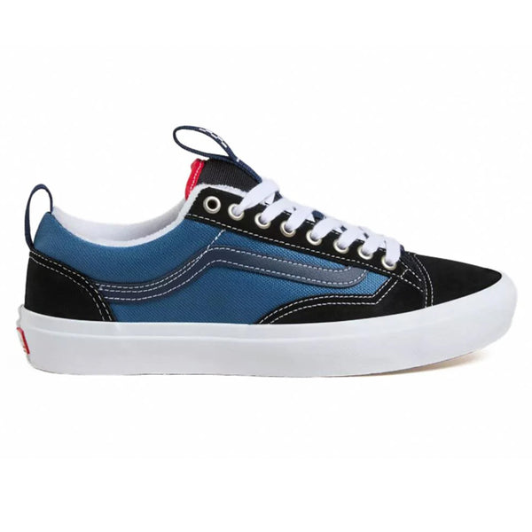 The Vans Skate Old Skool 36+ Navy/Red sneaker showcases a blue canvas upper, black suede accents, white laces, and a durable white rubber sole, perfect for skateboarders seeking both style and durability.