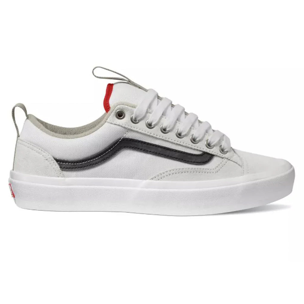 The VANS SKATE OLD SKOOL 36+ in Antique White/Black is perfect for skateboarding, featuring DURACAP technology, a bold black side stripe, red heel detail, white laces, and a durable white sole.