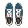 A pair of VANS ROWAN PRO LEATHER BLUE / WHITE sneakers with white laces by VANS.