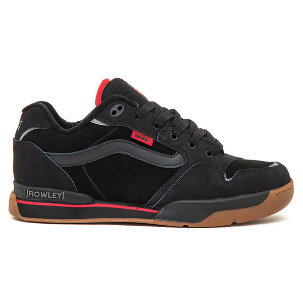 Black Vans Rowley XLT skate shoes with red logo detail, displayed against a white background.