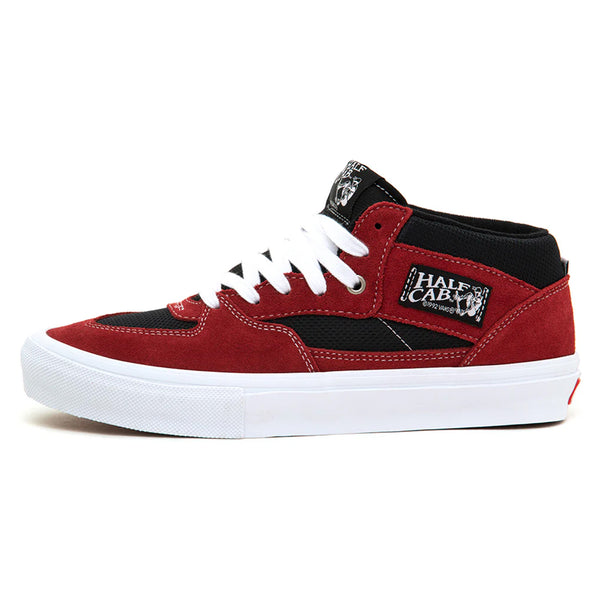 The VANS Skate Half Cab Sport in red/black features white laces and soles, a "Half Cab" side logo, and DURACAP reinforcements for durability, perfect for intense skate sessions.