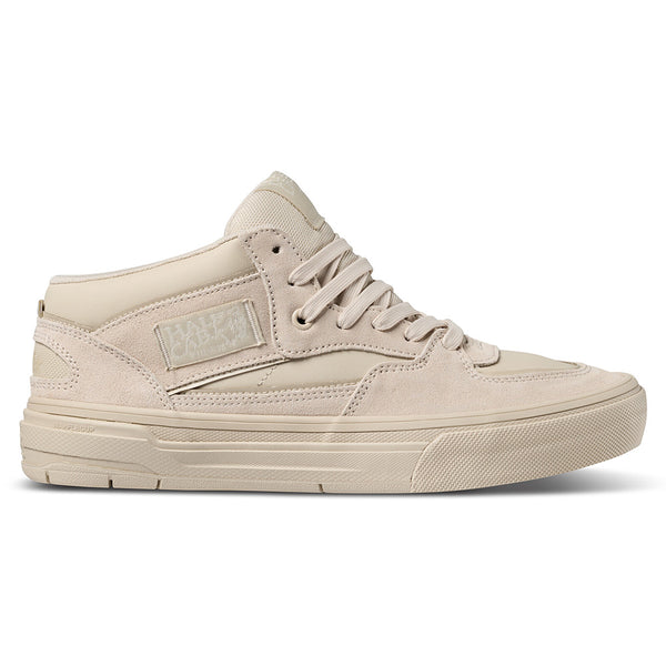 The VANS X ATIBA SKATE HALF CAB WAFFLE CUP OATMEAL BEIGE is a beige suede and leather low-top skate shoe with lace-up closure and a durable WaffleCup outsole, shown from the side.