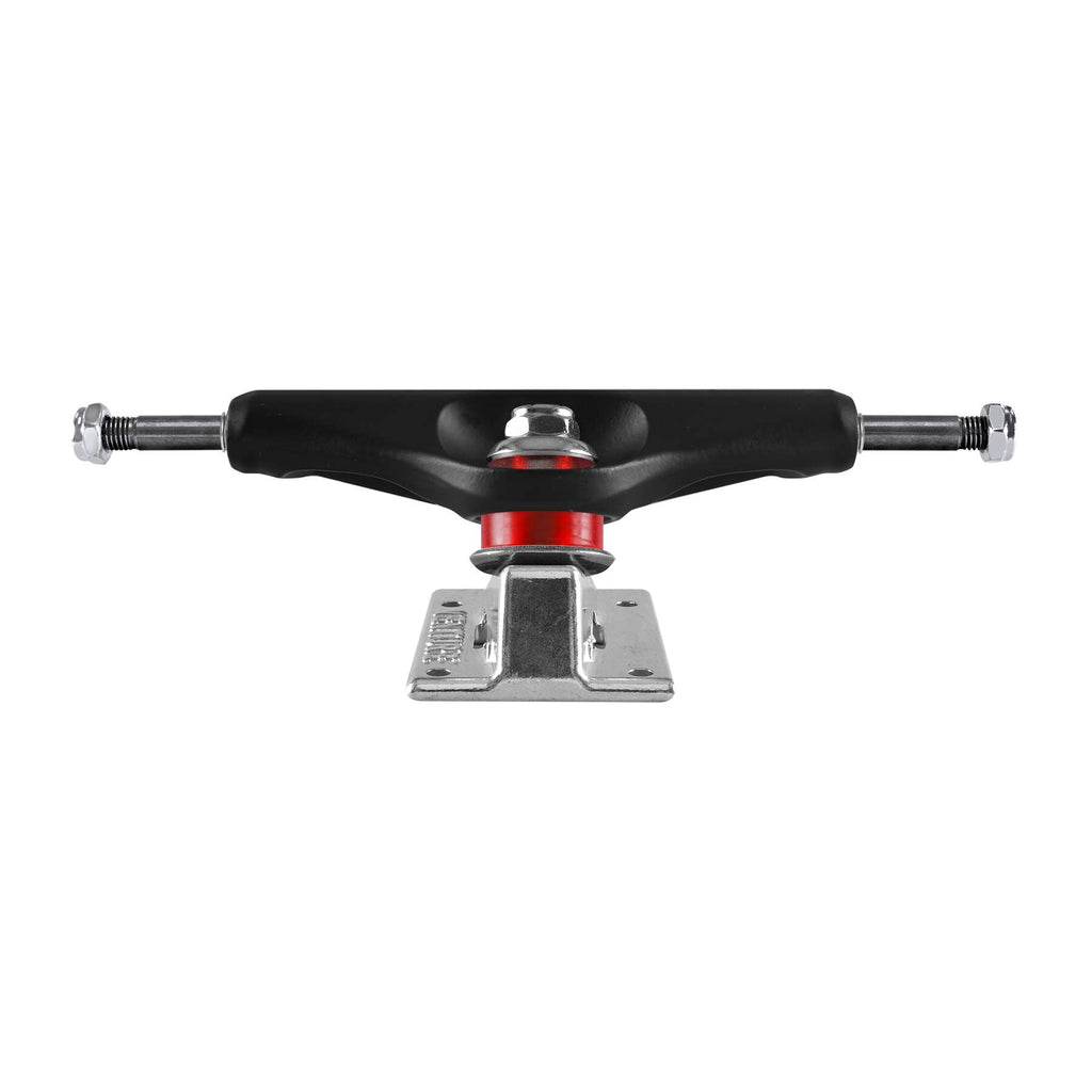 The VENTURE HOLLOWS "WIDE AWAKE" 5.6 skateboard truck set, with a polished hanger, red 90D bushings, and a silver baseplate, is beautifully presented on a pristine white background.