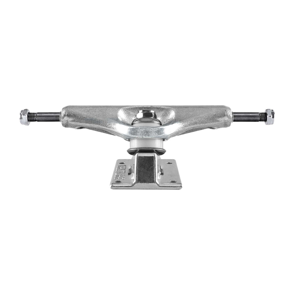 A front view of the silver VENTURE YUTO LIQUID CHROME 5.6 HI skateboard truck, featuring a black baseplate, highlights the finesse of Venture's design.