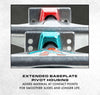 A close-up of the VENTURE V8 KOSTON 5.2 POLISHED skateboard truck set, showcasing added material at contact points for smoother slides and longer life, highlighted in red and teal. Featuring a polished baseplate, the text reads: "Extended baseplate pivot housing.