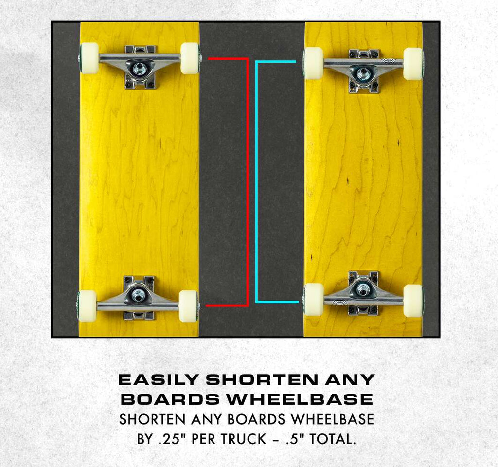 The image displays a pair of VENTURE V8 KOSTON 5.2 POLISHED skateboard decks, showcasing how to shorten the wheelbase by 0.25 inches per truck, for a total reduction of 0.5 inches.